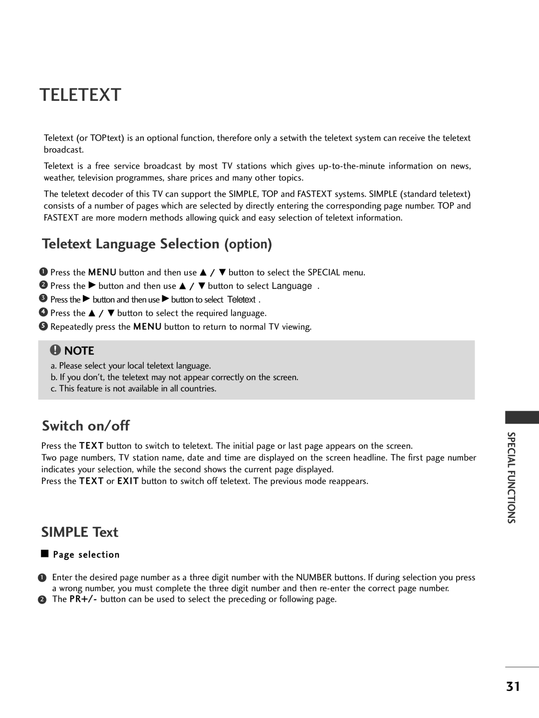 LG Electronics 37LC2R, 42PC3R, 42LC2R, 50PC1R owner manual Teletext Language Selection option, Switch on/off, Simple Text 
