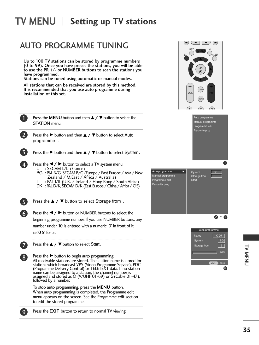 LG Electronics 37LC2R, 42PC3R, 42LC2R, 50PC1R Auto Programme Tuning, PAL I/II U.K. / Ireland / Hong Kong / South Africa 