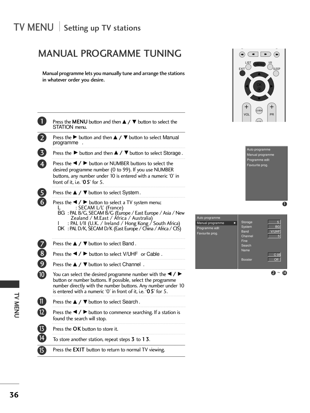 LG Electronics 42LC2R, 42PC3R, 37LC2R, 50PC1R owner manual Manual Programme Tuning 