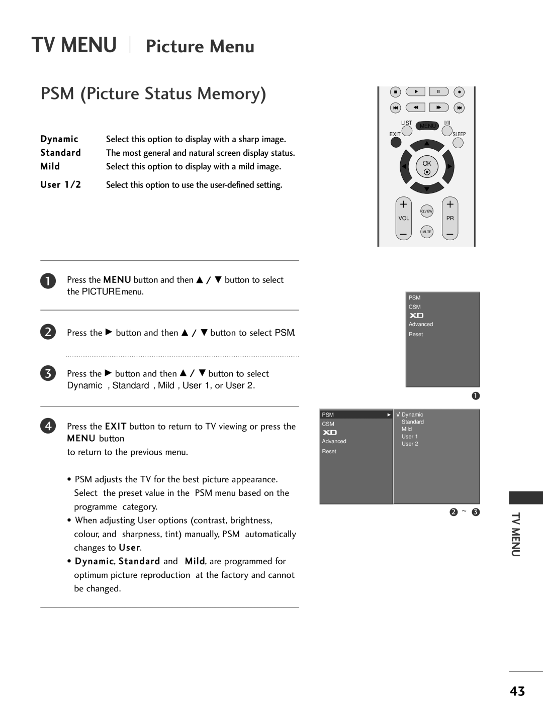 LG Electronics 37LC2R, 42PC3R, 42LC2R, 50PC1R owner manual Dynamic, Standard, Mild, User 1/2 