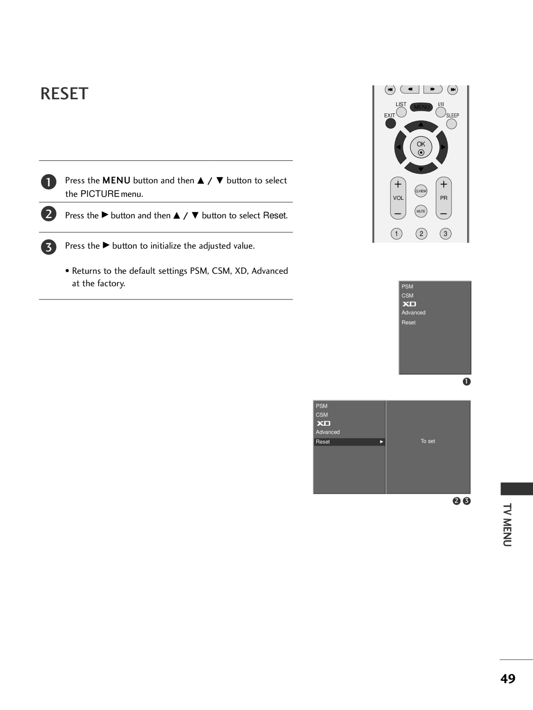 LG Electronics 50PC1R, 42PC3R, 37LC2R, 42LC2R owner manual Reset 