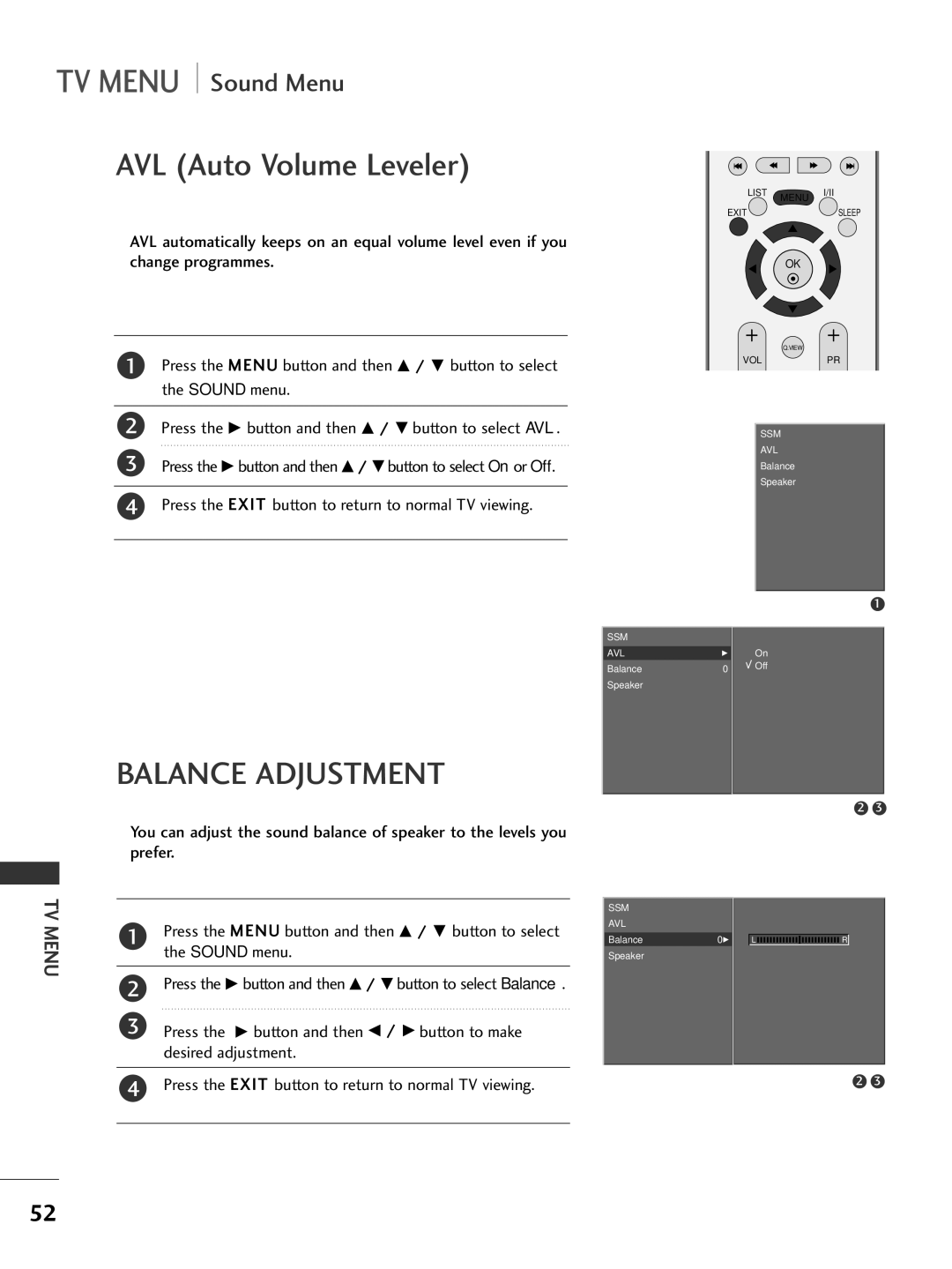 LG Electronics 42LC2R, 42PC3R, 37LC2R, 50PC1R owner manual Balance Adjustment, Sound menu 