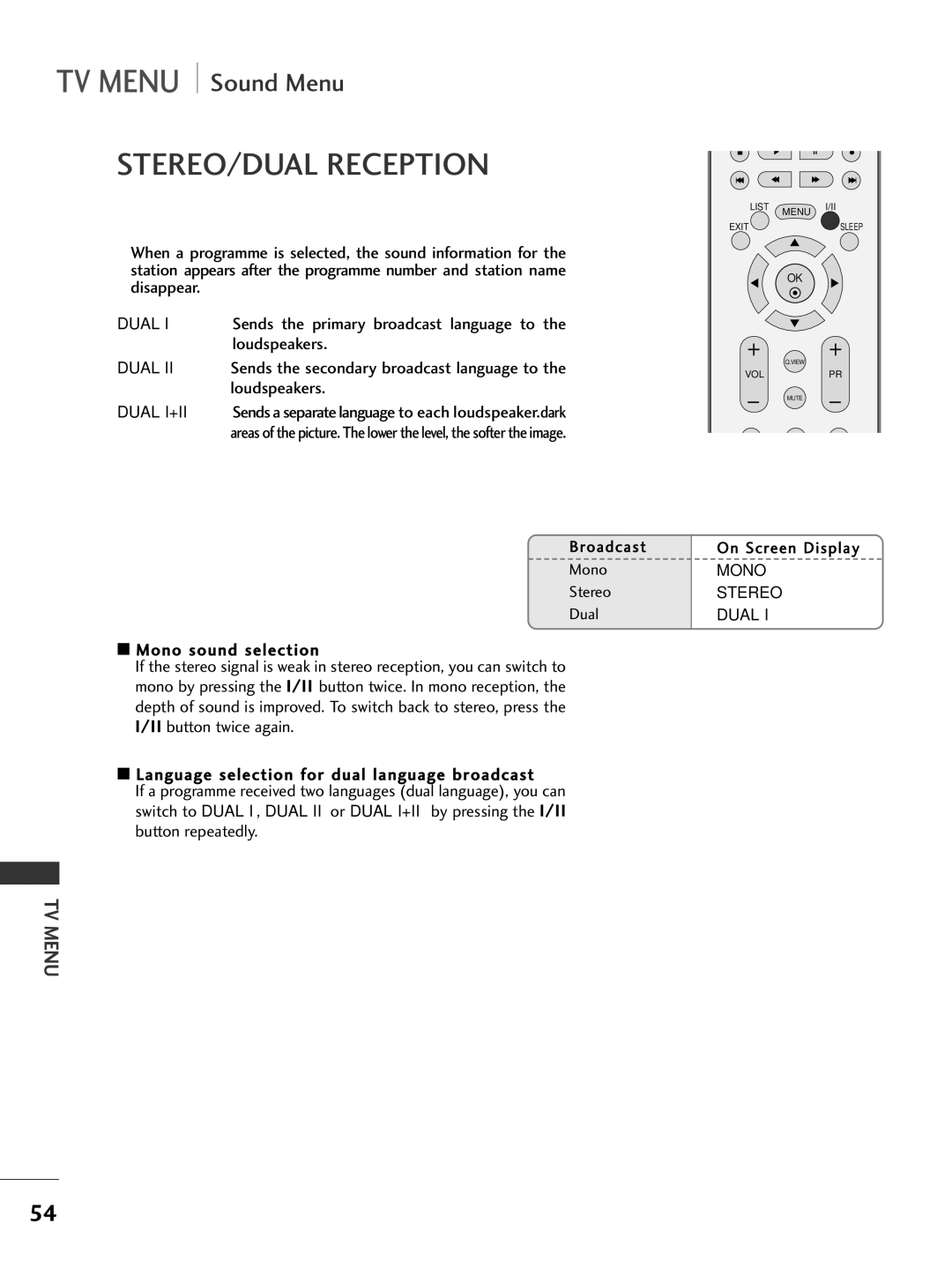 LG Electronics 42PC3R, 37LC2R, 42LC2R, 50PC1R owner manual STEREO/DUAL Reception 