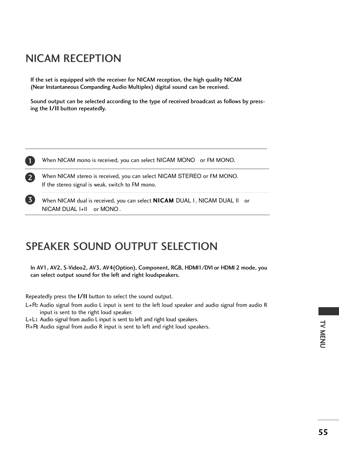 LG Electronics 37LC2R, 42PC3R, 42LC2R, 50PC1R owner manual Nicam Reception, Speaker Sound Output Selection 