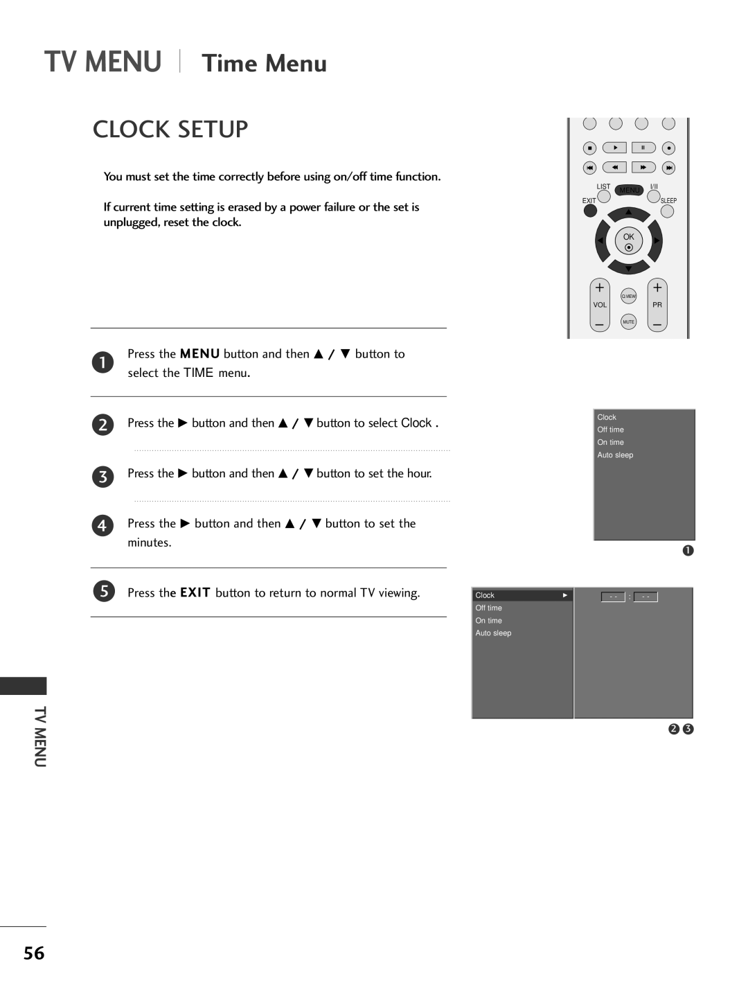 LG Electronics 42LC2R, 42PC3R, 37LC2R, 50PC1R owner manual TV Menu Time Menu, Clock Setup 