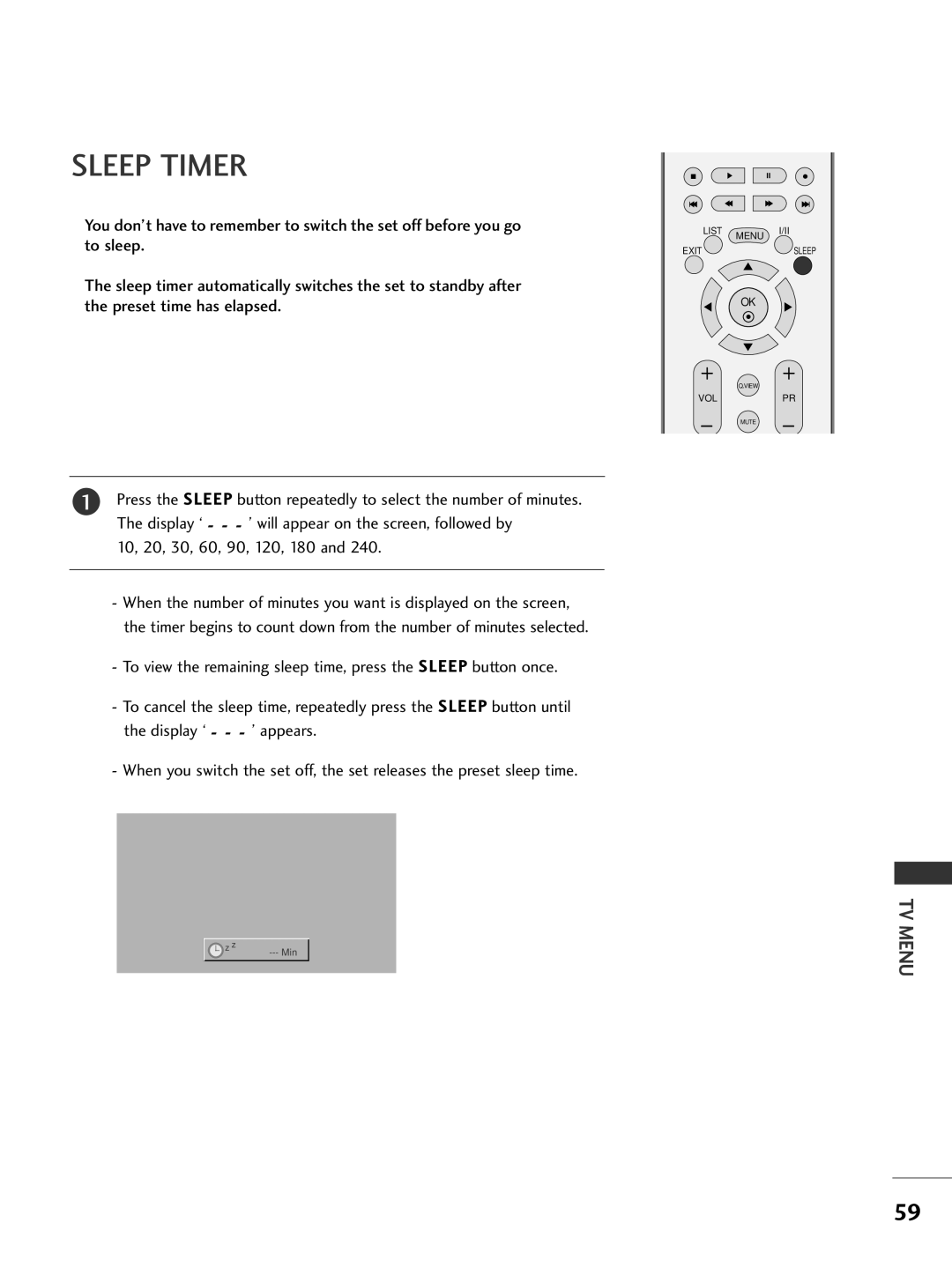 LG Electronics 37LC2R, 42PC3R, 42LC2R, 50PC1R owner manual Sleep Timer, 10, 20, 30, 60, 90, 120, 180 