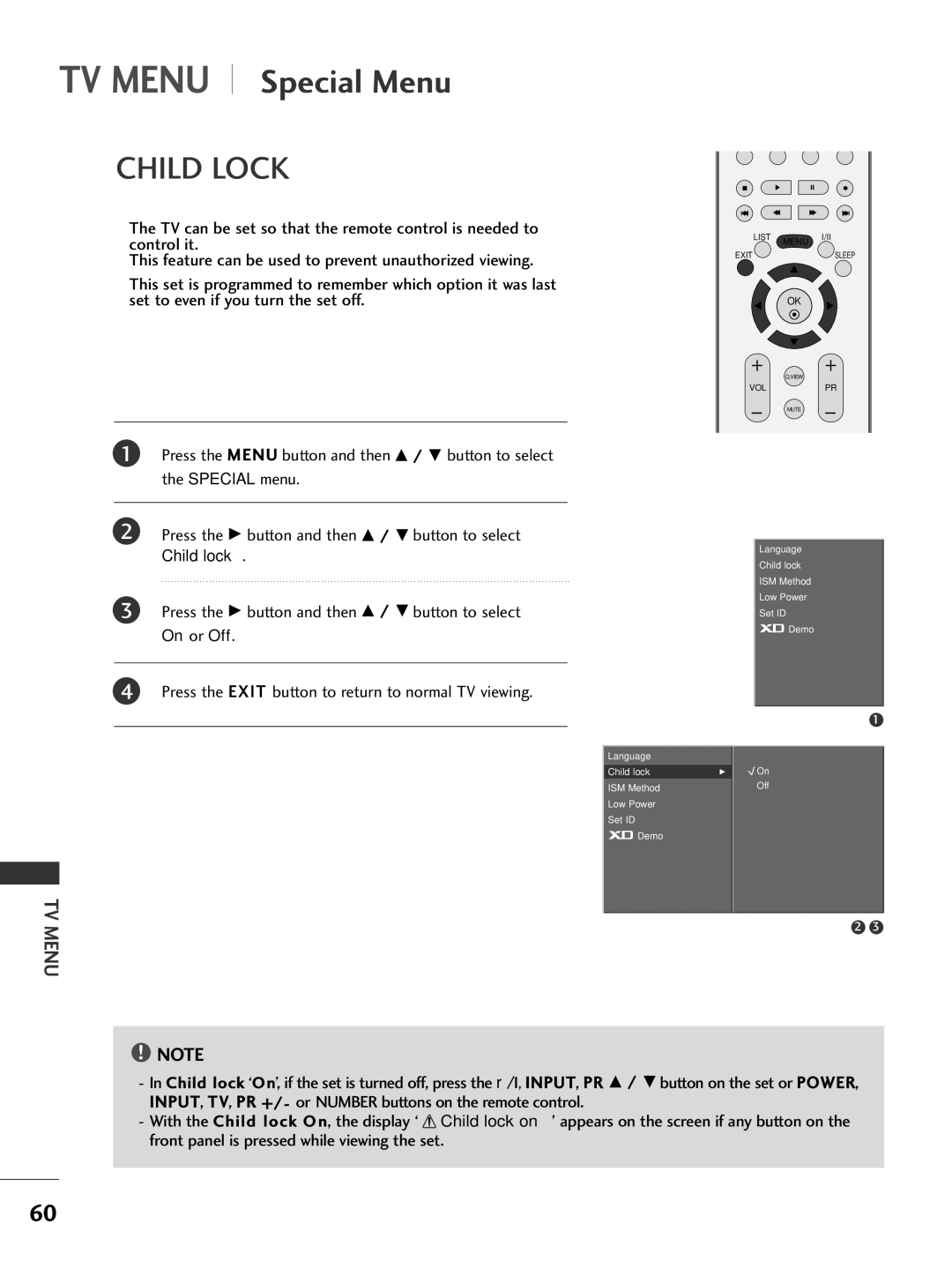 LG Electronics 42LC2R, 42PC3R, 37LC2R, 50PC1R owner manual TV Menu Special Menu, Child Lock 