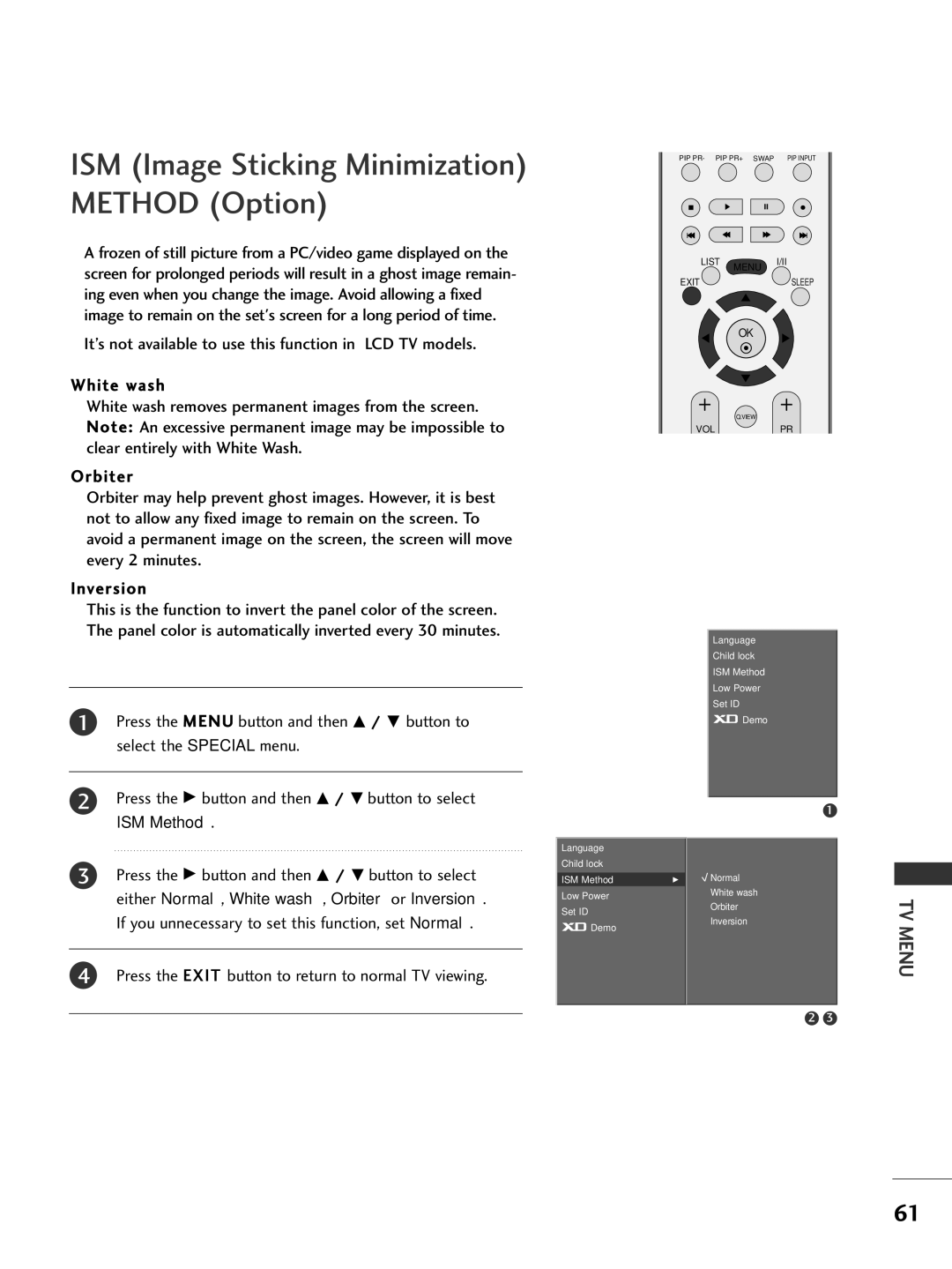 LG Electronics 50PC1R, 42PC3R, 37LC2R, 42LC2R owner manual ISM Image Sticking Minimization Method Option 