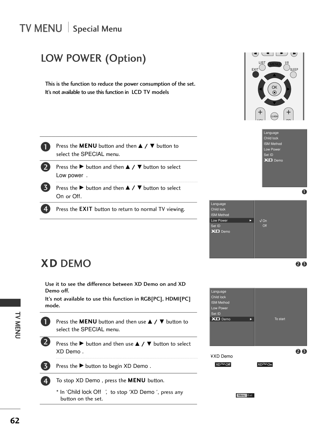 LG Electronics 42PC3R, 37LC2R, 42LC2R Demo, Press the Menu button and then use D / E button to, Select the Special menu 