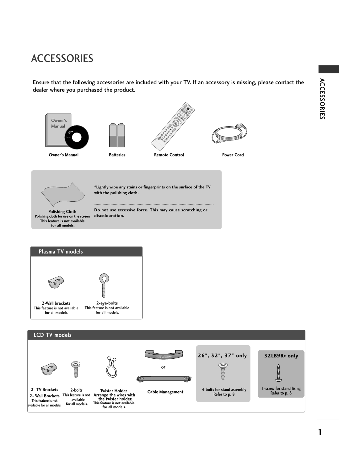 LG Electronics 26LC4R, 42PC7R, 37LC4R, 32LC4R, 32LB9R, 42LB9R, 42LC4R, 42PC5RV, 50PC5R owner manual Accessories, Owners Manual 