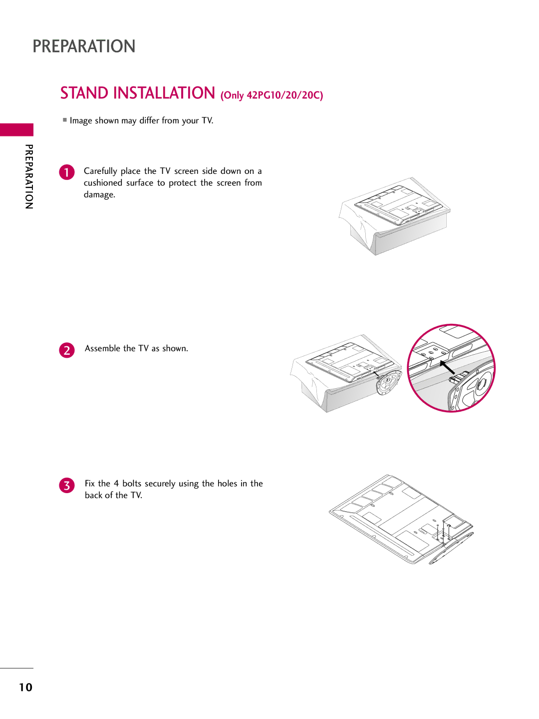 LG Electronics 50PG10 owner manual Stand Installation Only 42PG10/20/20C 