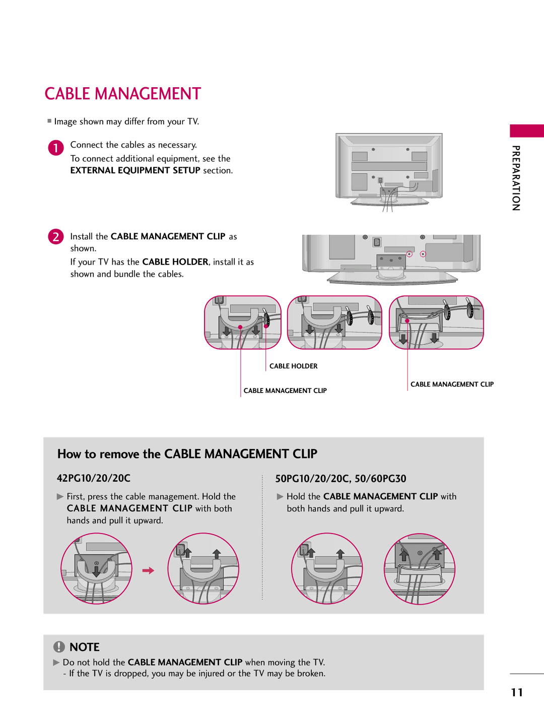 LG Electronics 50PG10, 42PG10 owner manual How to remove the Cable Management Clip 