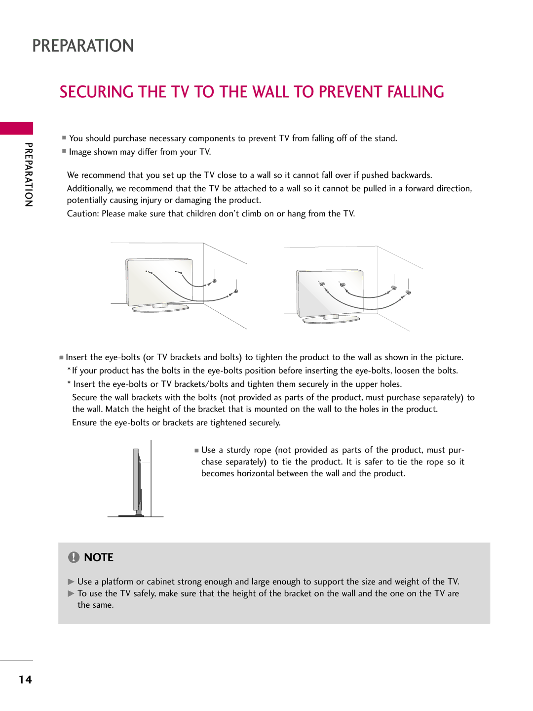 LG Electronics 42PG10, 50PG10 owner manual Securing the TV to the Wall to Prevent Falling, Same 