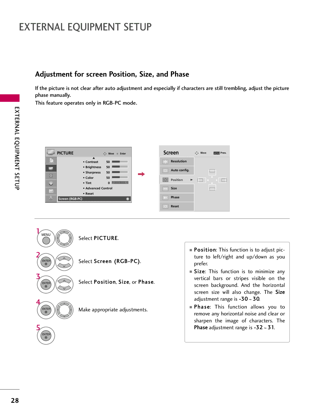 LG Electronics 42PG10, 50PG10 owner manual Adjustment for screen Position, Size, and Phase 