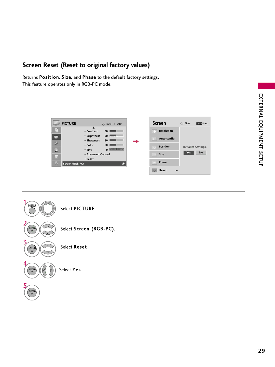 LG Electronics 50PG10, 42PG10 owner manual Screen Reset Reset to original factory values, Select Reset, Select Yes 