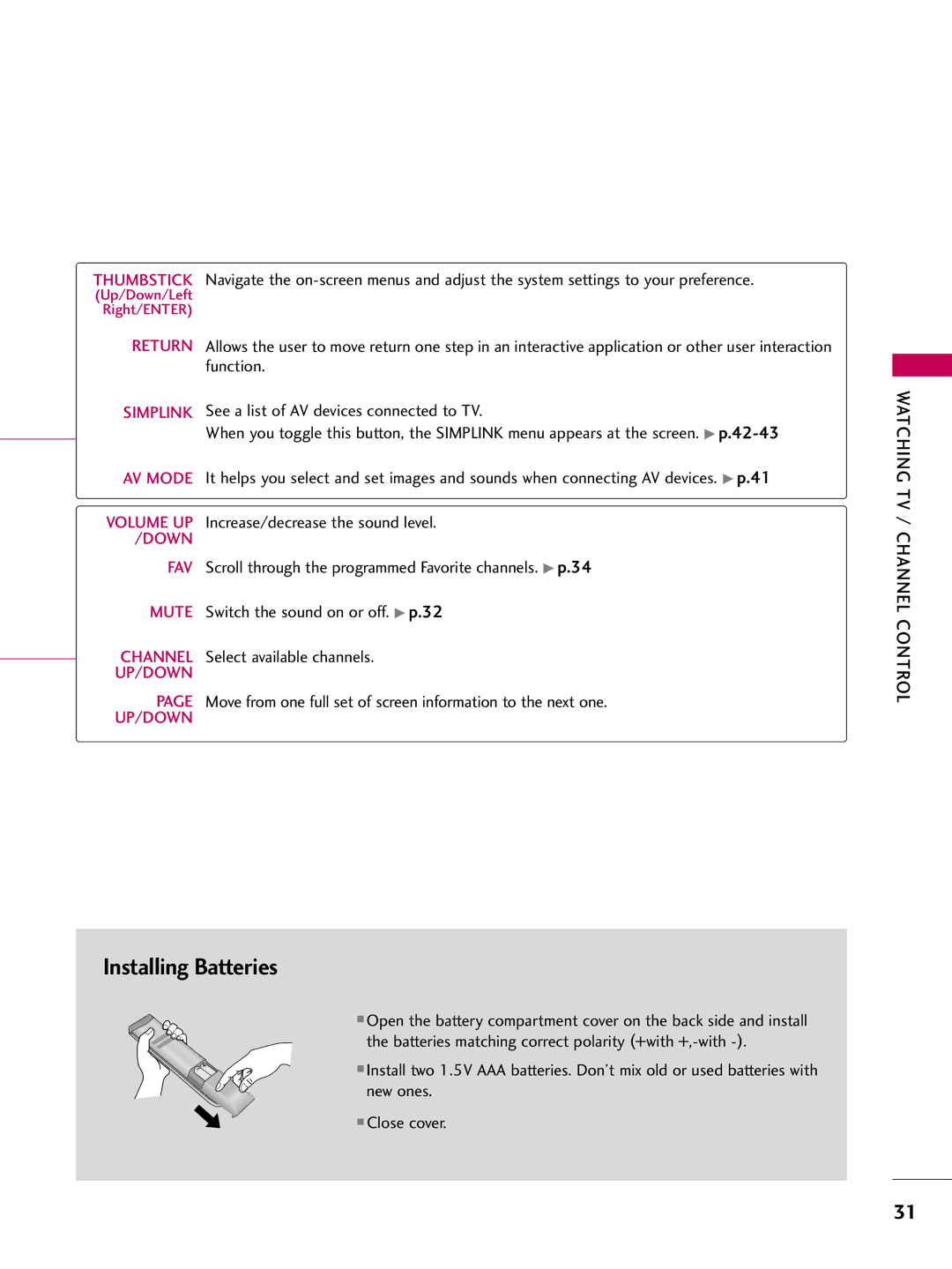 LG Electronics 50PG10, 42PG10 owner manual Installing Batteries, Watching TV / Channel Control 