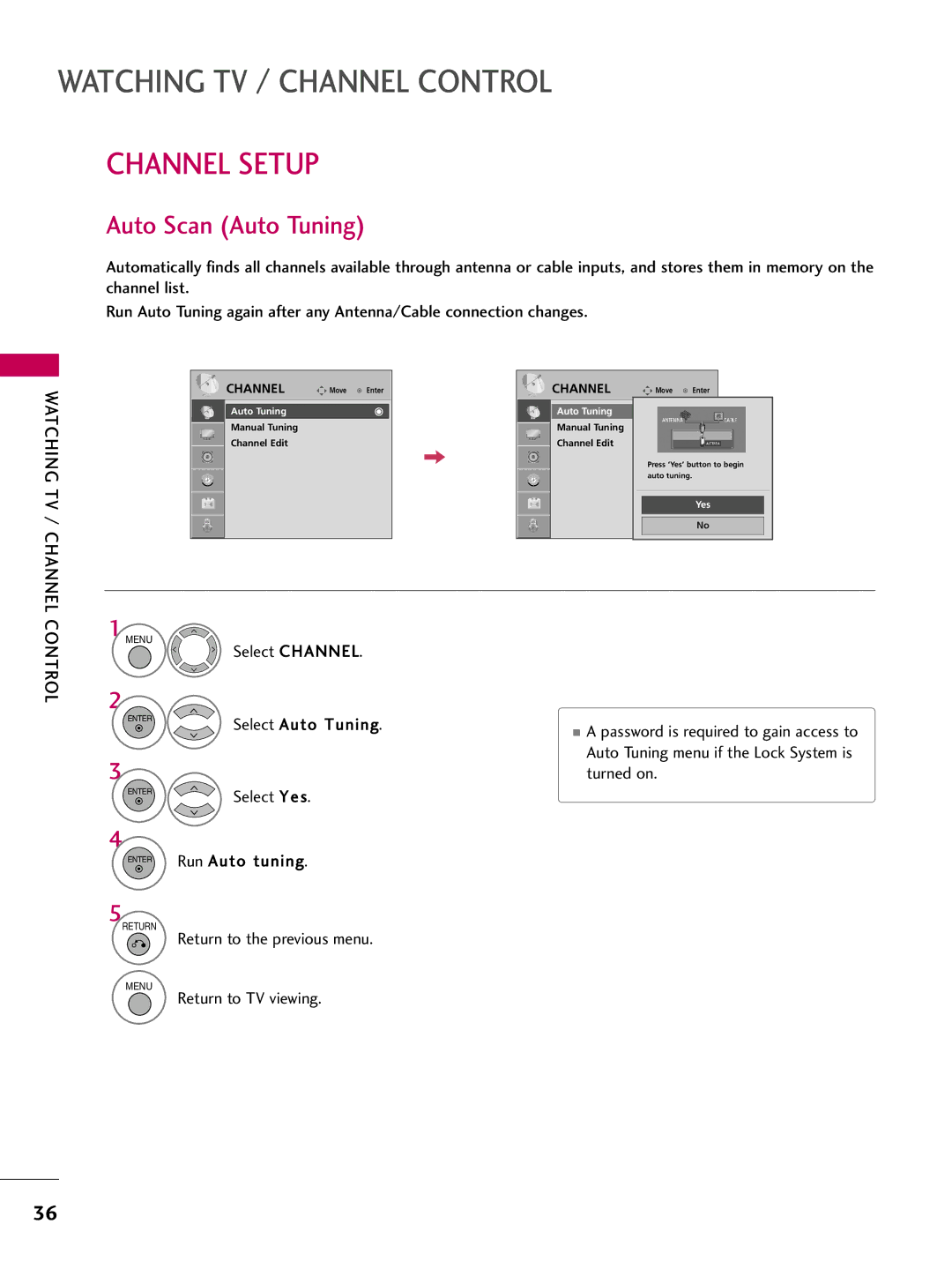 LG Electronics 42PG10, 50PG10 owner manual Channel Setup, Auto Scan Auto Tuning, Watching TV / Channel, Select Channel 