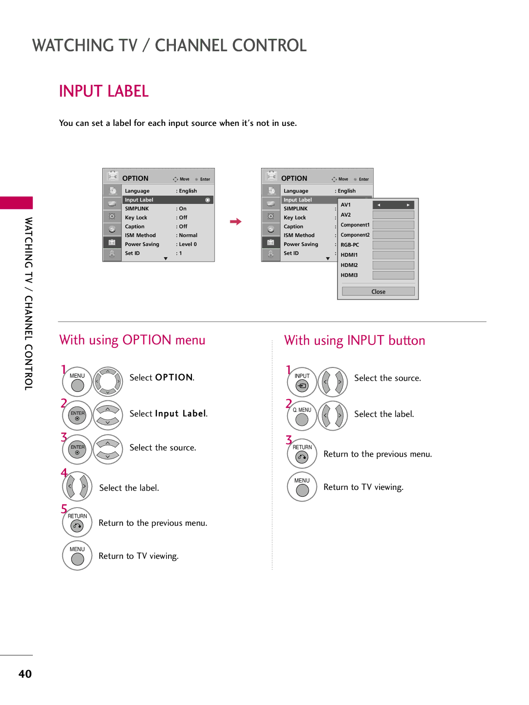 LG Electronics 42PG10, 50PG10 With using Option menu, With using Input button, Select Input Label, Select the label 