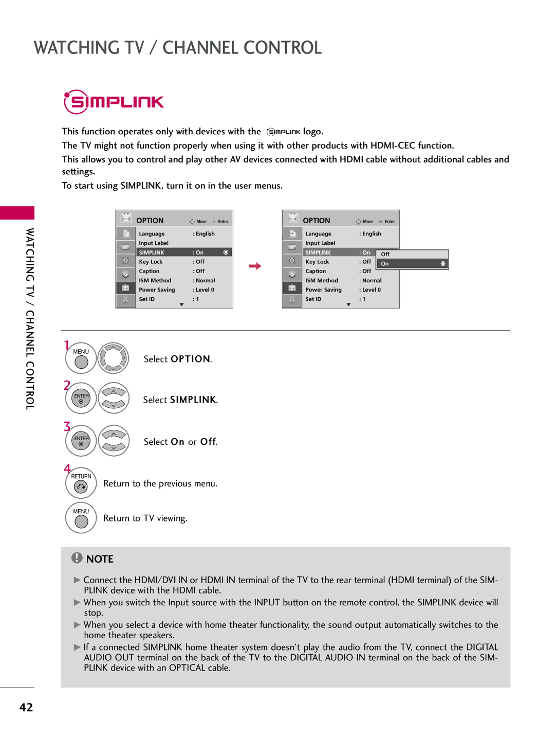 LG Electronics 42PG10, 50PG10 owner manual Select Option, Watching TV / Channel 