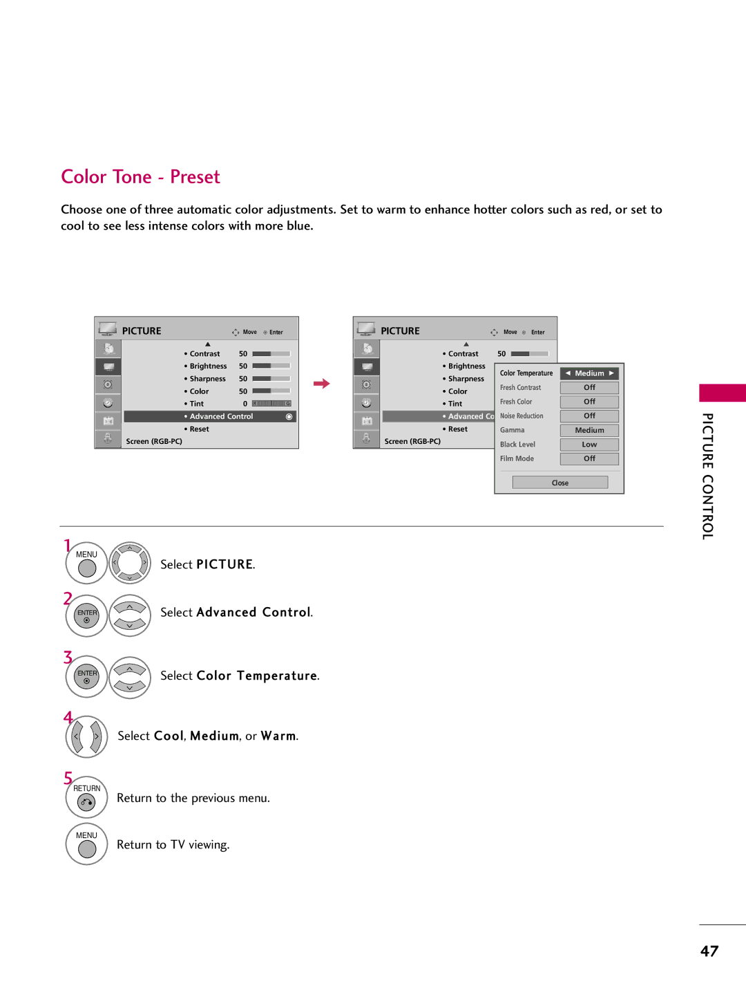 LG Electronics 50PG10, 42PG10 owner manual Color Tone Preset, Select Picture 