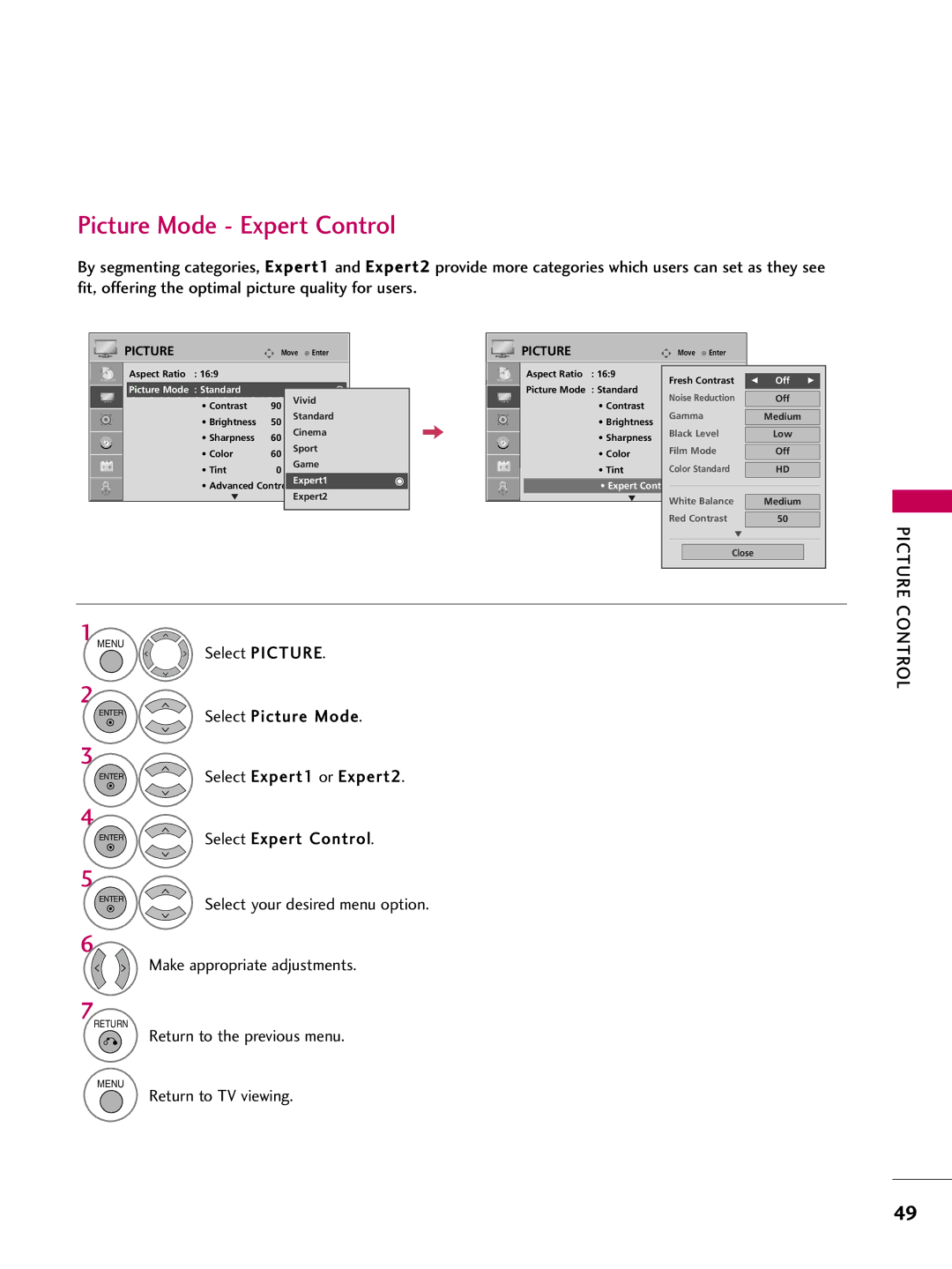 LG Electronics 50PG10, 42PG10 owner manual Picture Mode Expert Control, Off Picture Mode Standard 