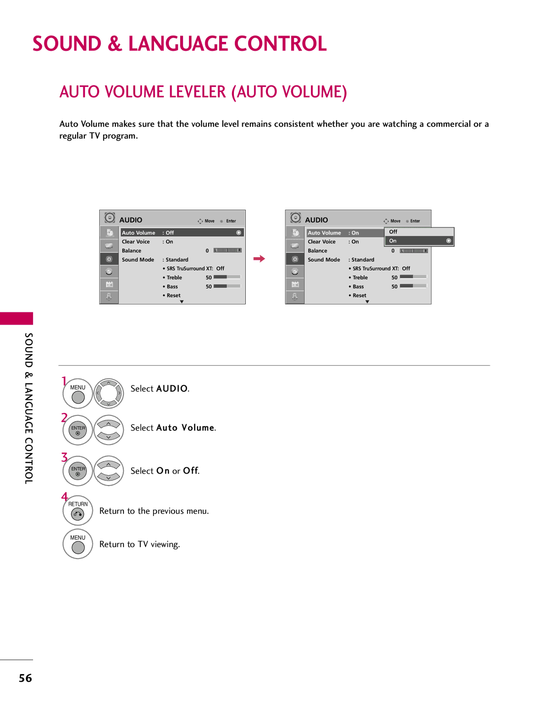 LG Electronics 42PG10, 50PG10 Sound & Language Control, Auto Volume Leveler Auto Volume, Select Audio, Select Auto Volume 