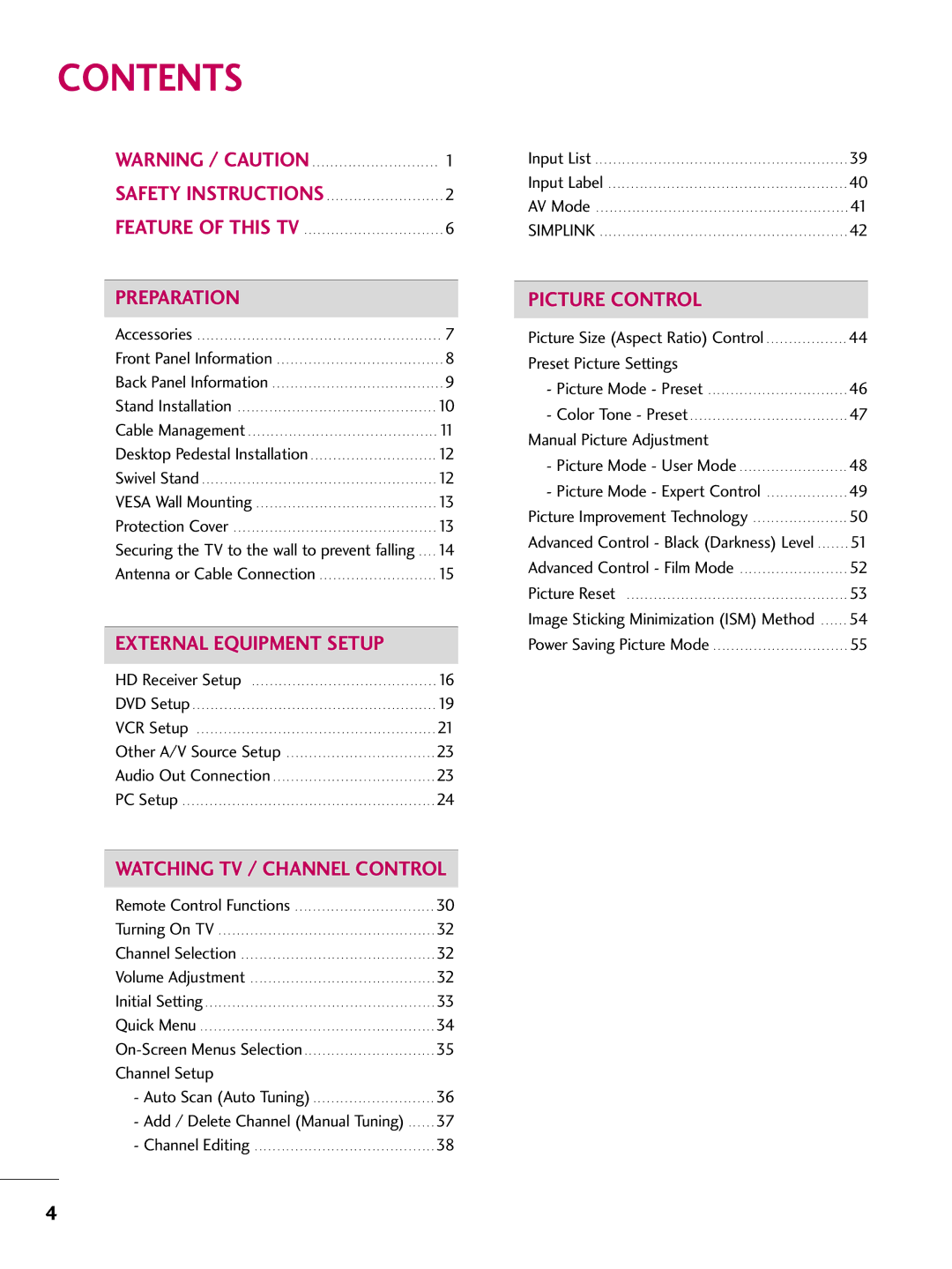 LG Electronics 42PG10, 50PG10 owner manual Contents 