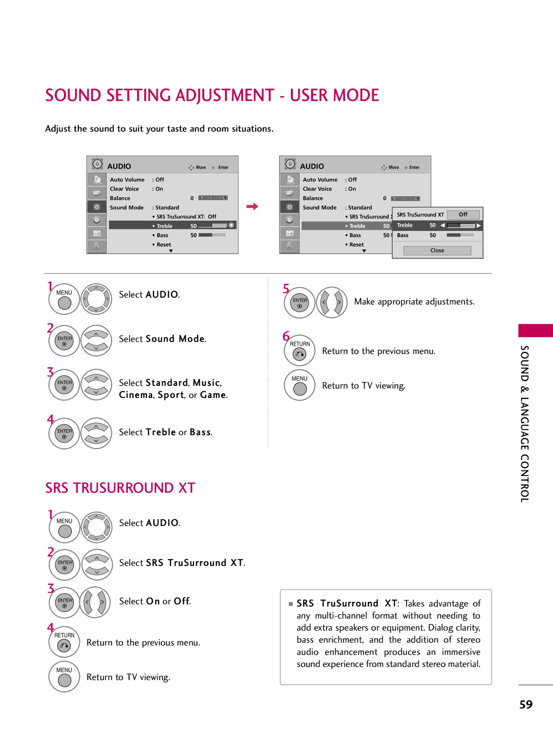 LG Electronics 50PG10, 42PG10 Sound Setting Adjustment User Mode, Adjust the sound to suit your taste and room situations 