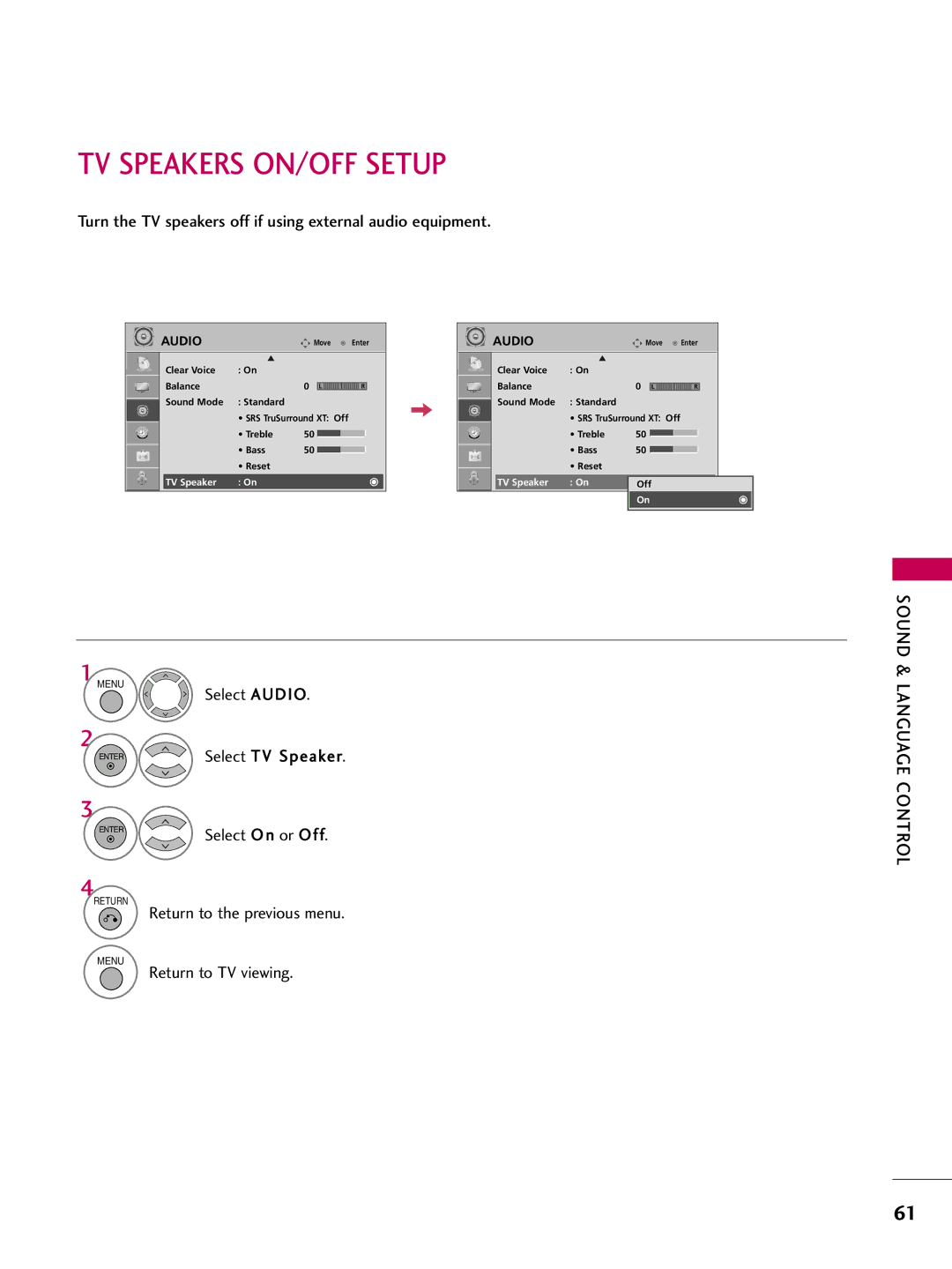 LG Electronics 50PG10, 42PG10 TV Speakers ON/OFF Setup, Turn the TV speakers off if using external audio equipment 