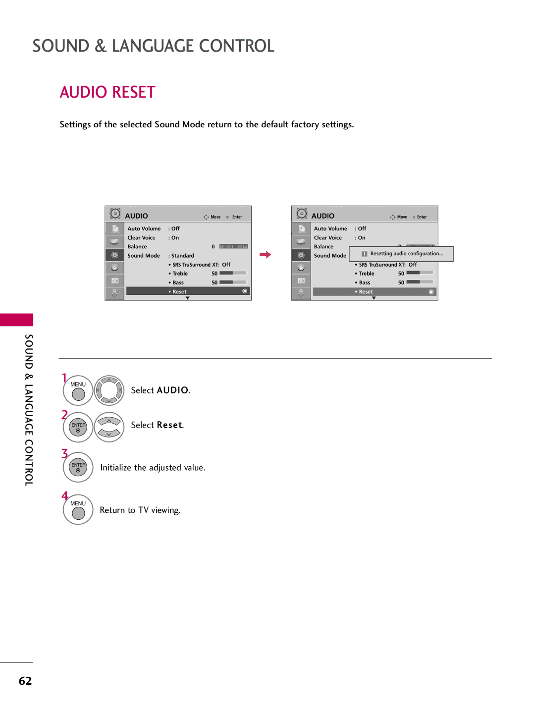 LG Electronics 42PG10, 50PG10 owner manual Audio Reset, Sound & Language Control 