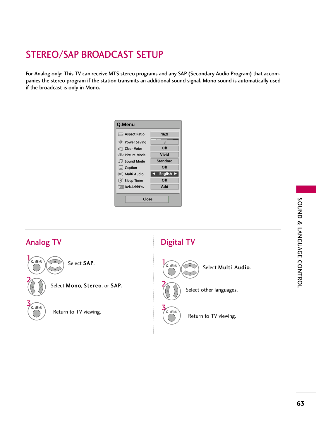 LG Electronics 50PG10, 42PG10 owner manual STEREO/SAP Broadcast Setup, Analog TV, Digital TV 