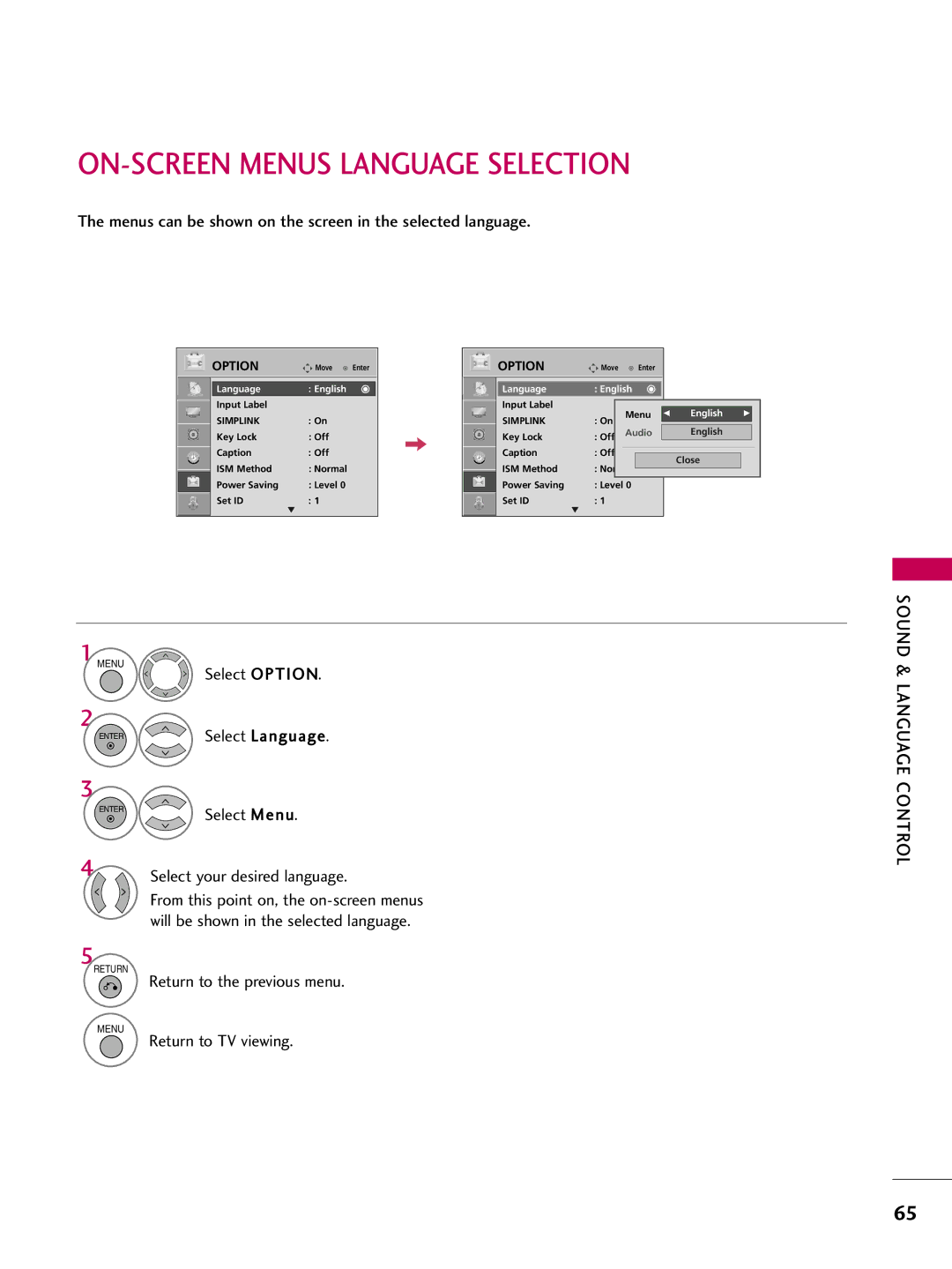 LG Electronics 50PG10 ON-SCREEN Menus Language Selection, Menus can be shown on the screen in the selected language 