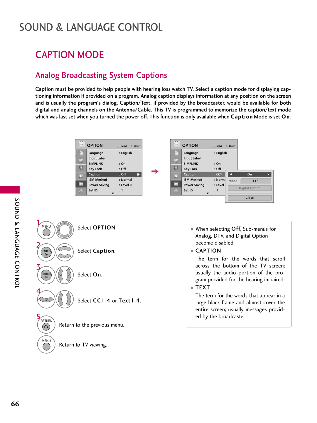 LG Electronics 42PG10, 50PG10 owner manual Caption Mode, Analog Broadcasting System Captions, Text 