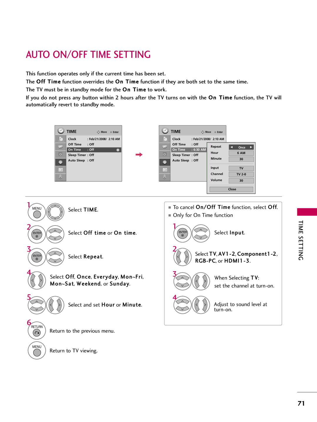 LG Electronics 50PG10, 42PG10 Auto ON/OFF Time Setting, Select Time, Only for On Time function, Select Off time or On time 