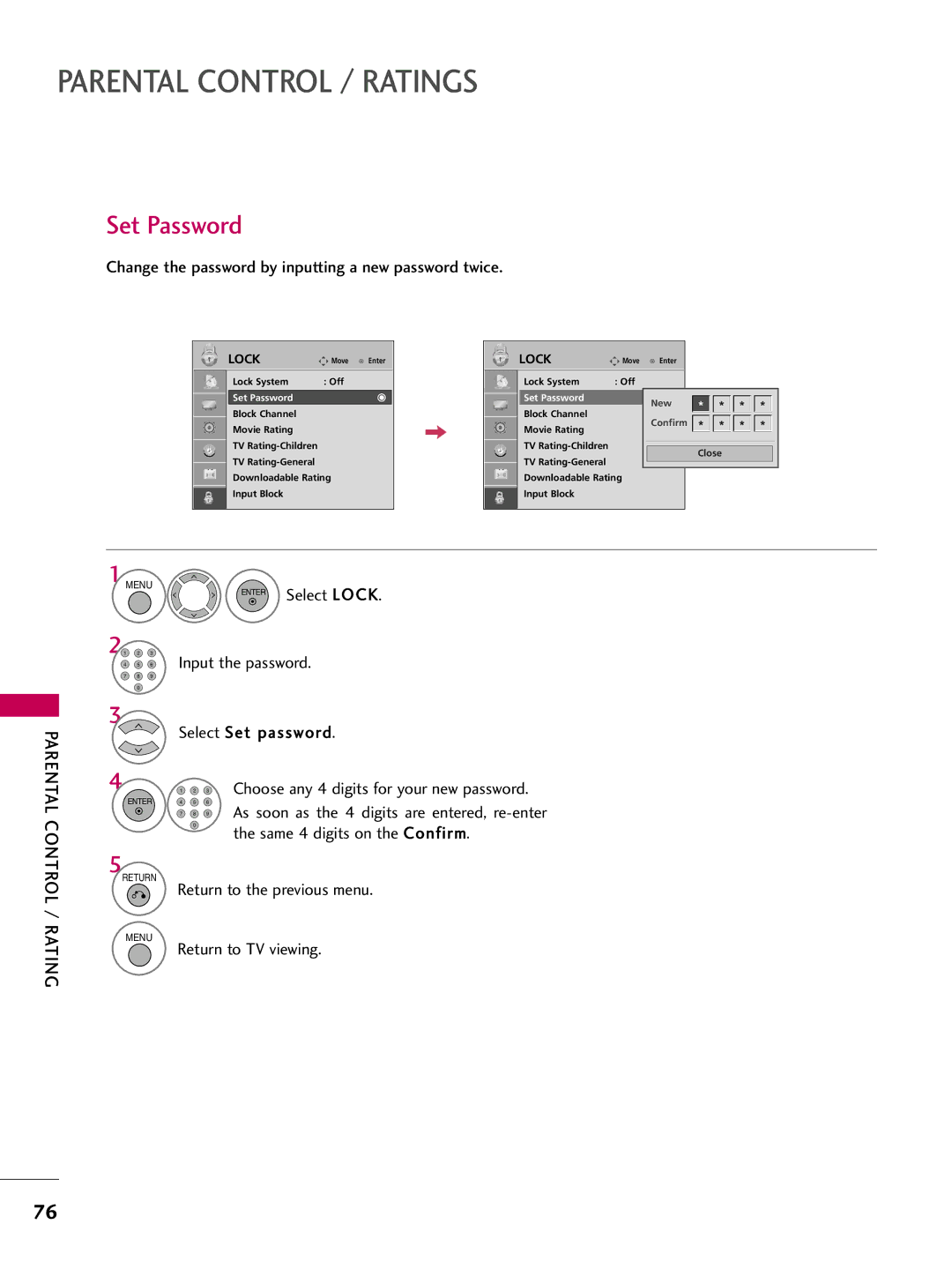 LG Electronics 42PG10, 50PG10 owner manual Set Password, Parental, Control / Rating 