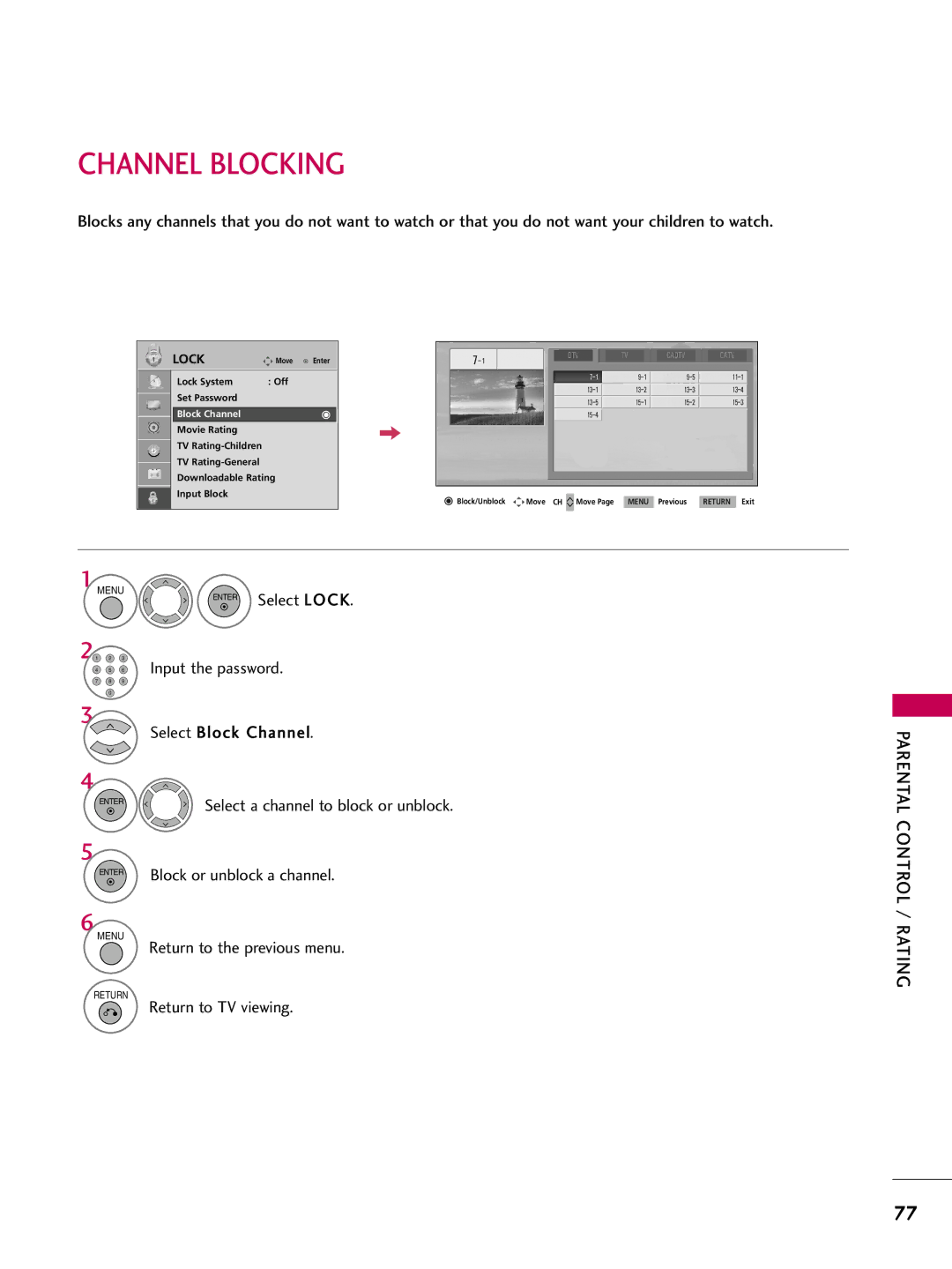 LG Electronics 50PG10, 42PG10 owner manual Channel Blocking, Block Channel 