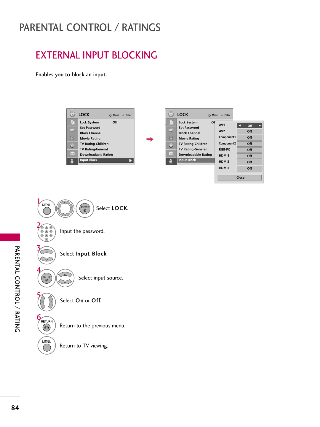 LG Electronics 42PG10, 50PG10 owner manual External Input Blocking, Enables you to block an input 