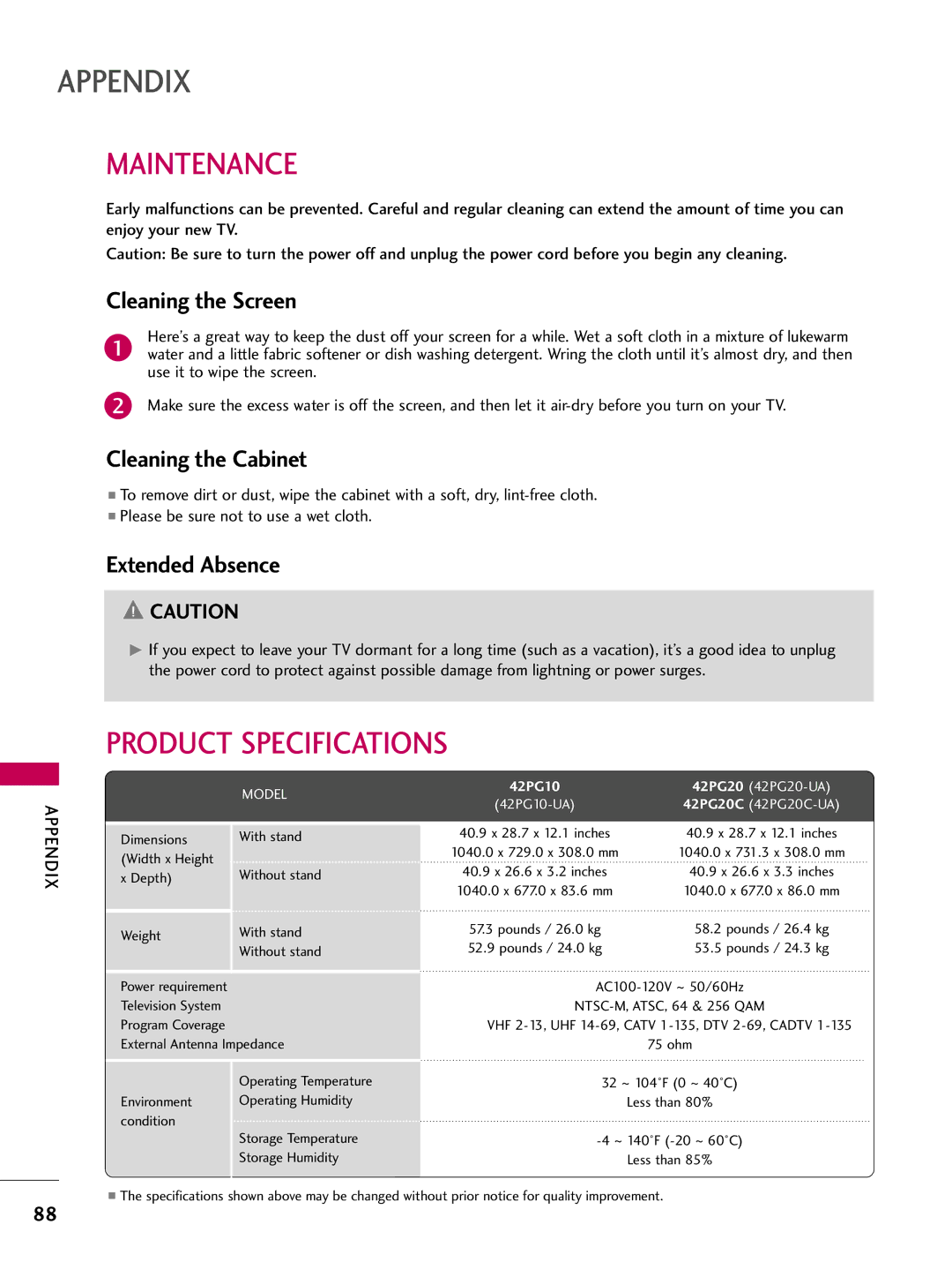 LG Electronics 42PG10 Maintenance, Product Specifications, Cleaning the Screen, Cleaning the Cabinet, Extended Absence 