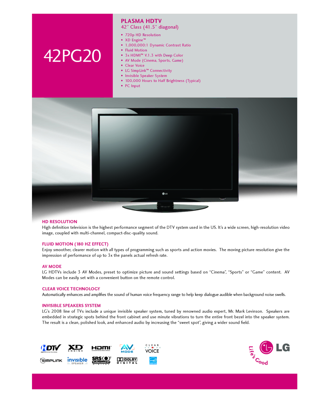 LG Electronics 42PG20 manual HD Resolution, Fluid Motion 180 Hz Effect, AV Mode, Clear Voice Technology 