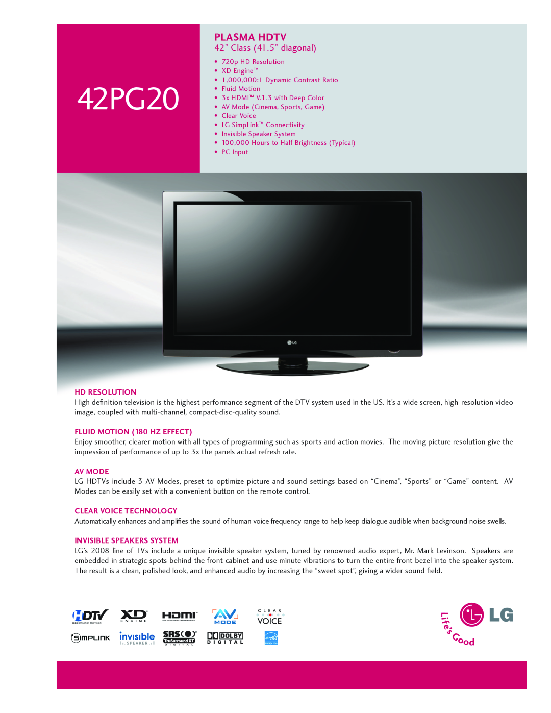 LG Electronics 42PG20 manual Plasma Hdtv, 42” Class 41.5” diagonal, HD Resolution, Fluid Motion 180 Hz Effect, Av Mode 