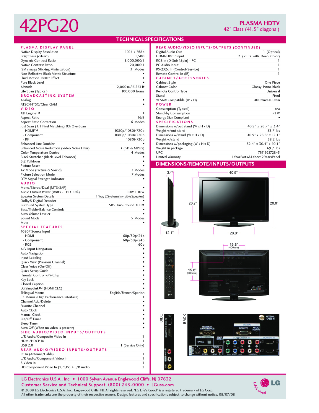 LG Electronics 42PG20 manual Plasma Hdtv, Technical, Specifications, Dimensions/Remote/Inputs/Outputs 