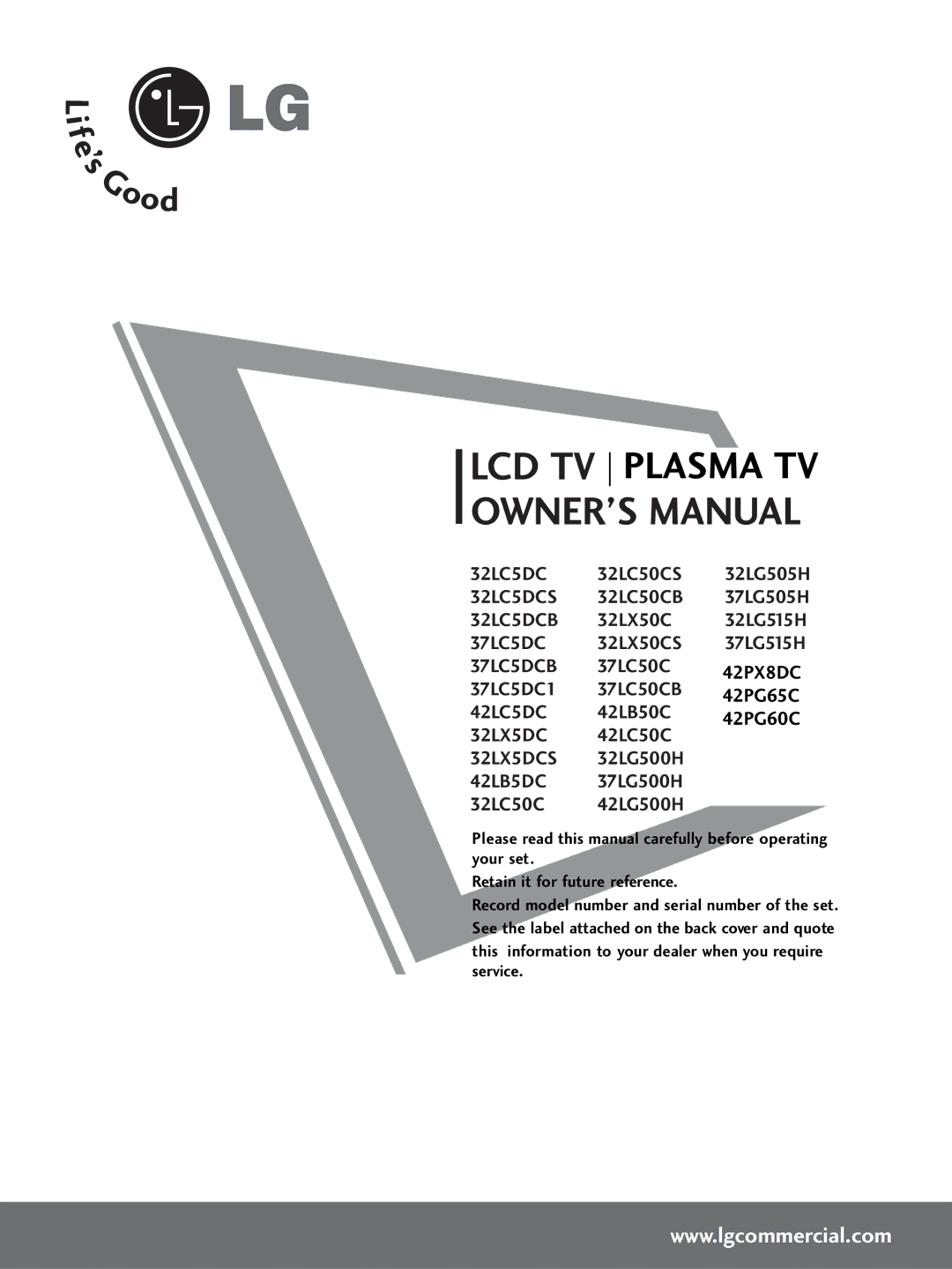 LG Electronics 42PG60C, 42PG65C, 42LC50C, 42LC5DC, 37LG515H, 37LG500H, 37LG505H, 37LC50CB, 37LC5DC1, 37LC5DCB owner manual 