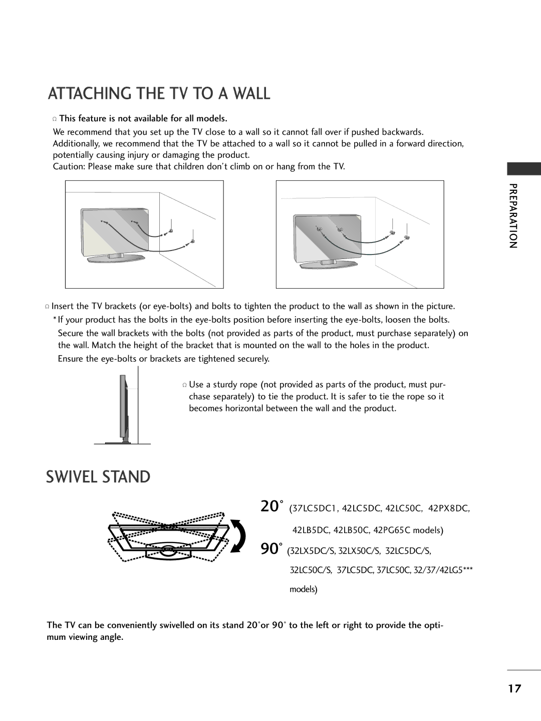 LG Electronics 32LC50C Attaching the TV to a Wall, Swivel Stand, Ensure the eye-bolts or brackets are tightened securely 