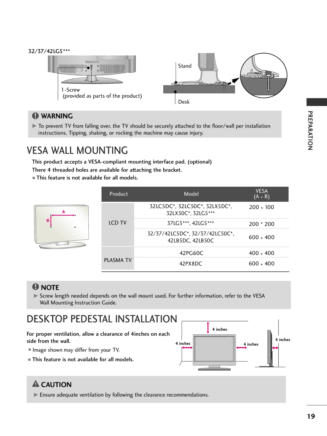 LG Electronics 32LC5DCS, 42PG65C, 42PG60C, 42LC50C, 42LC5DC, 37LG515H, 37LG500H Vesa Wall Mounting, 200, Lcd Tv, 600, 400 