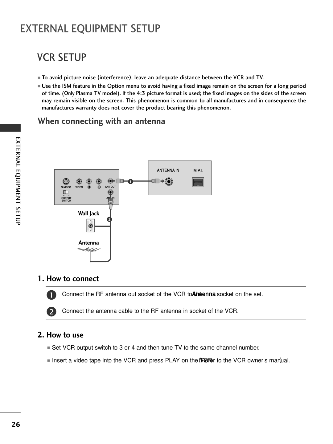 LG Electronics 42PX8DC, 42PG65C, 42PG60C, 42LC50C, 42LC5DC, 37LG515H, 37LG500H VCR Setup, When connecting with an antenna 