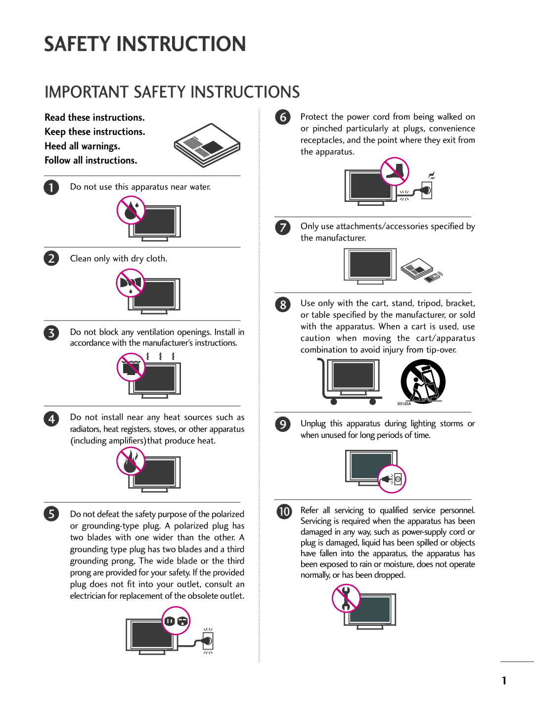 LG Electronics 42LC5DC, 42PG65C, 42PG60C, 42LC50C, 37LG515H, 37LG500H, 37LG505H, 37LC50CB Important Safety Instructions 