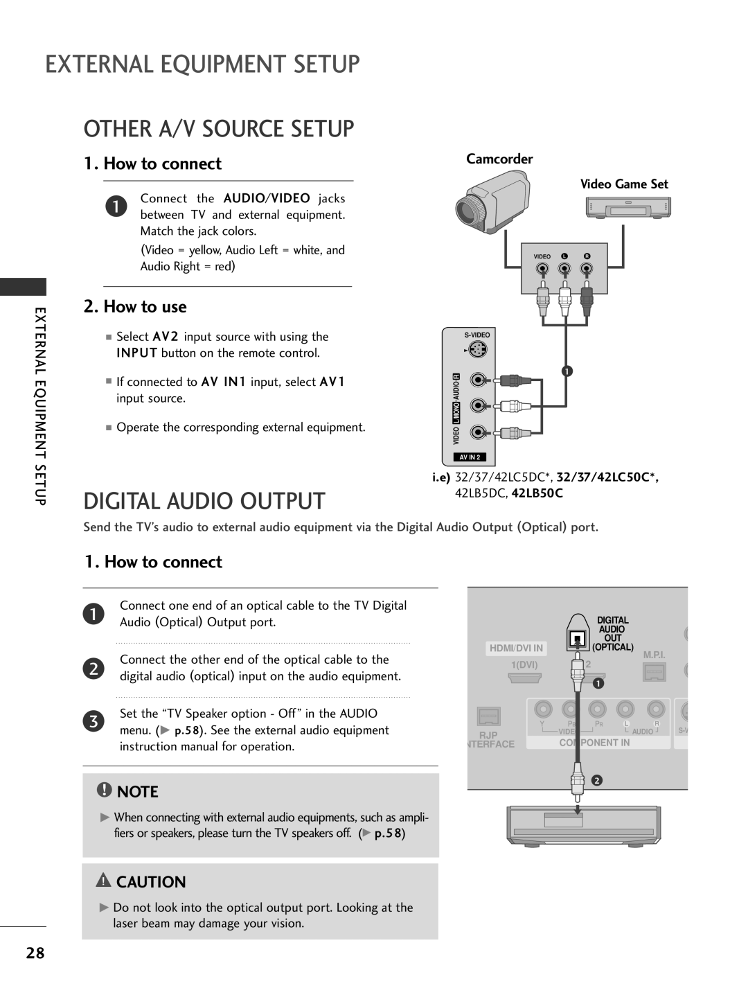 LG Electronics 42PG60C, 42PG65C Other A/V Source Setup, External Equipment, Set the TV Speaker option Off in the Audio 