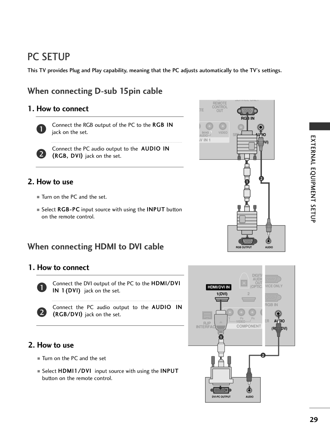 LG Electronics 42LC50C, 42PG65C PC Setup, Connect the DVI output of the PC to the HDMI/DVI, 1DVI, RGB/DVI jack on the set 