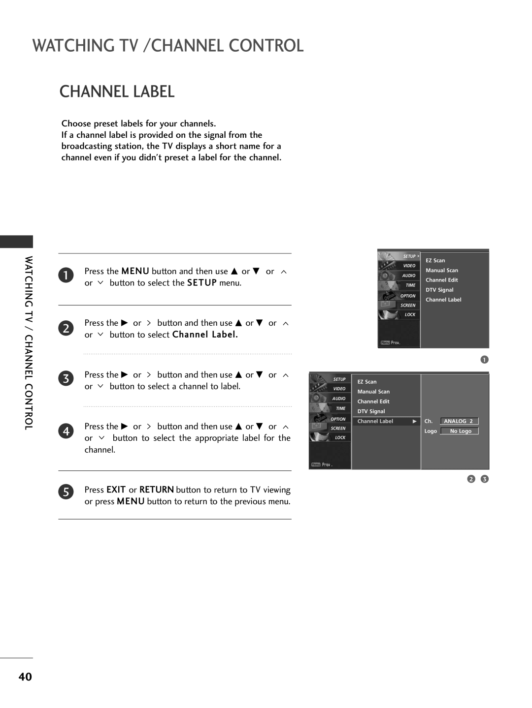 LG Electronics 32LX5DC, 42PG65C, 42PG60C, 42LC50C Choose preset labels for your channels, Button to select Channel Label 