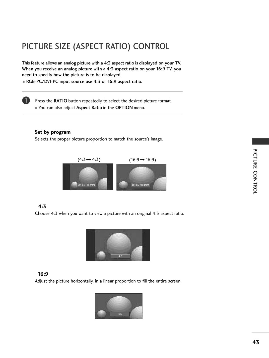 LG Electronics 32LG505H, 42PG65C, 42PG60C, 42LC50C, 42LC5DC, 37LG515H Picture Size Aspect Ratio Control, Set by program 